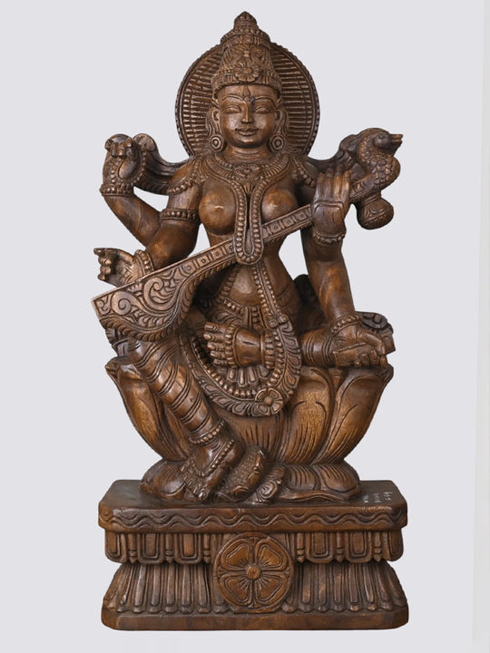 Wooden Saraswathi Deity Playing Veena Sculpture 30"