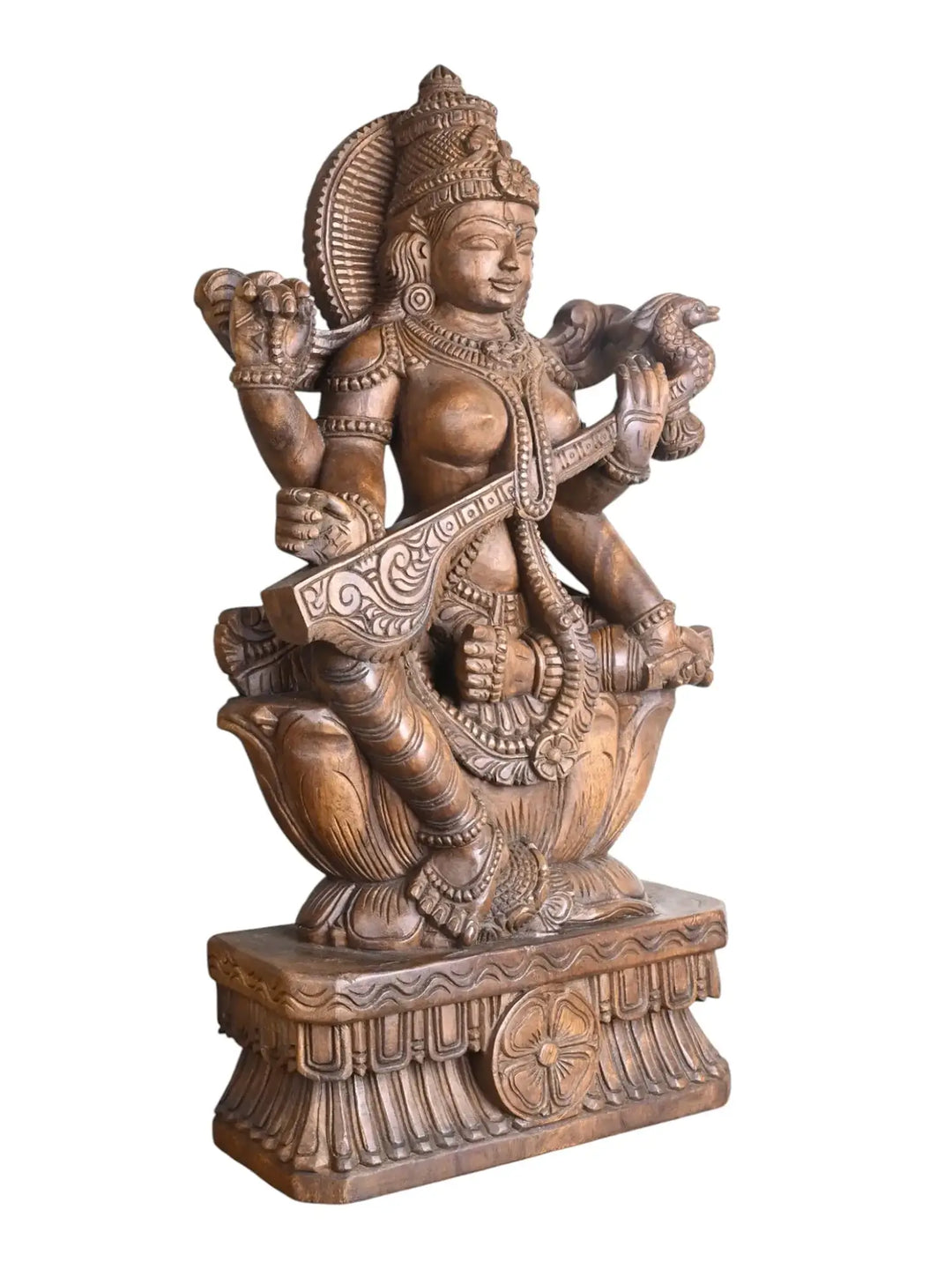 Traditional wooden Goddess Saraswathi sculpture