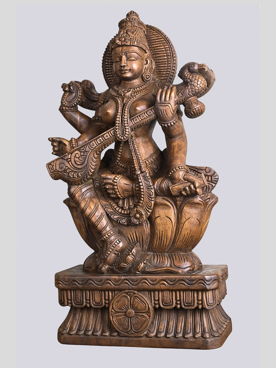 Wooden Saraswathi Deity Playing Veena Sculpture 30"