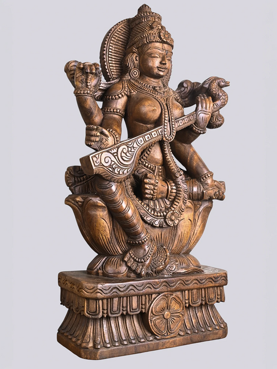 Wooden Saraswathi Deity Playing Veena Sculpture 30"