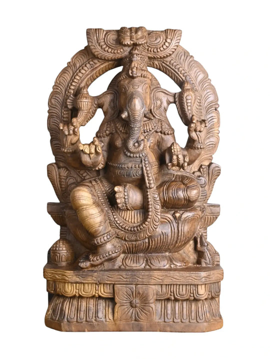 Handcrafted wooden Prabavali Ganesh sculpture