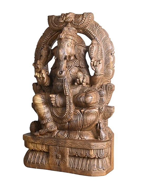 Intricately carved wooden Prabavali Ganesha statue