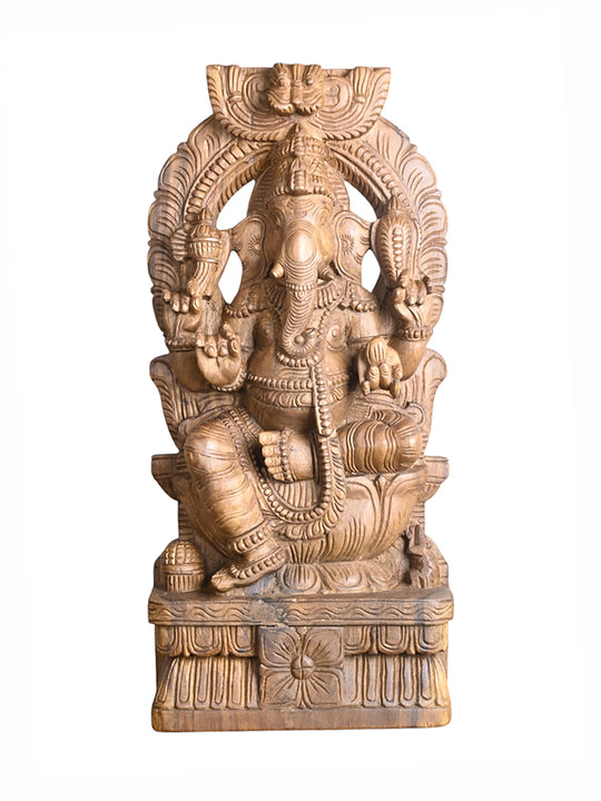 Handcrafted wooden Prabavali Ganesh sculpture 25"
