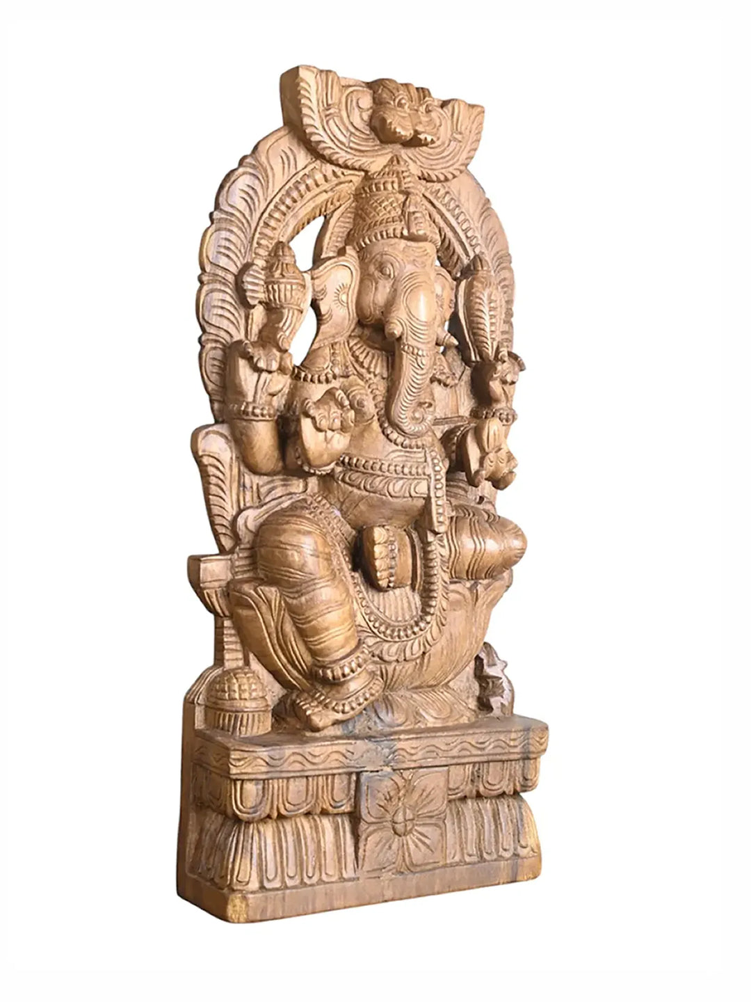 Handcrafted wooden Prabavali Ganesh sculpture 25"