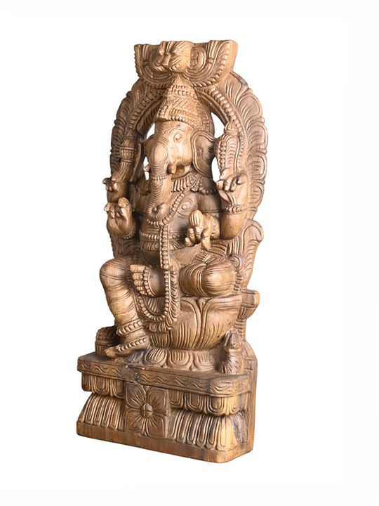 Handcrafted wooden Prabavali Ganesh sculpture 25"