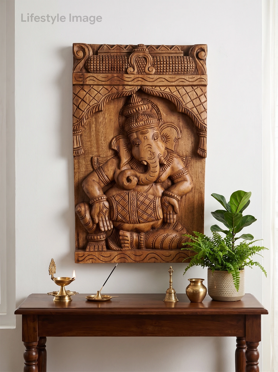 Wooden Hand - Carved Ganesha Playing Mridangam Wall Decor