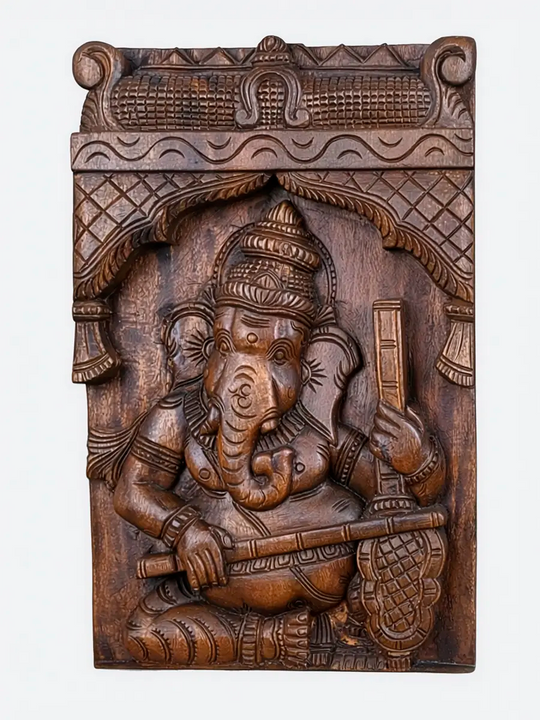 Wooden Ganesha Playing Veena Wall Panel for home décor