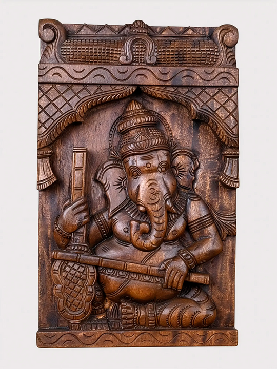 Handcrafted wooden Ganesha playing Veena wall Panel
