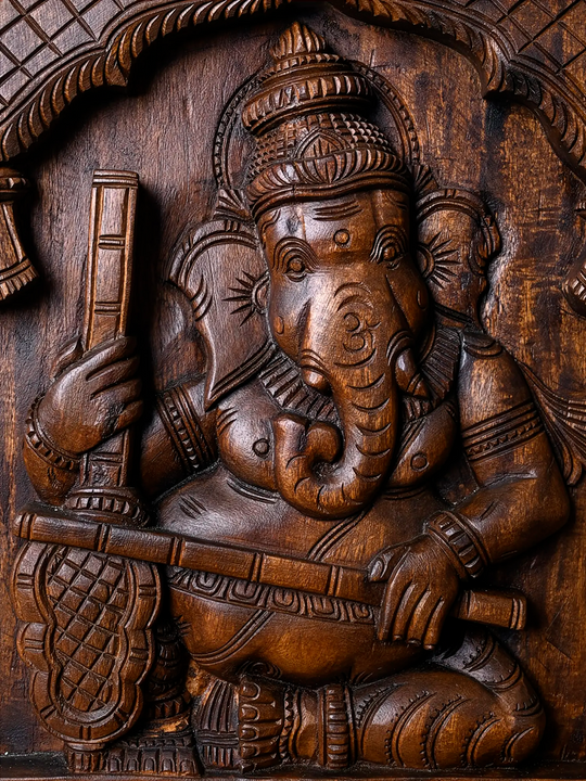 Lord Ganesha Veena wooden wall panel