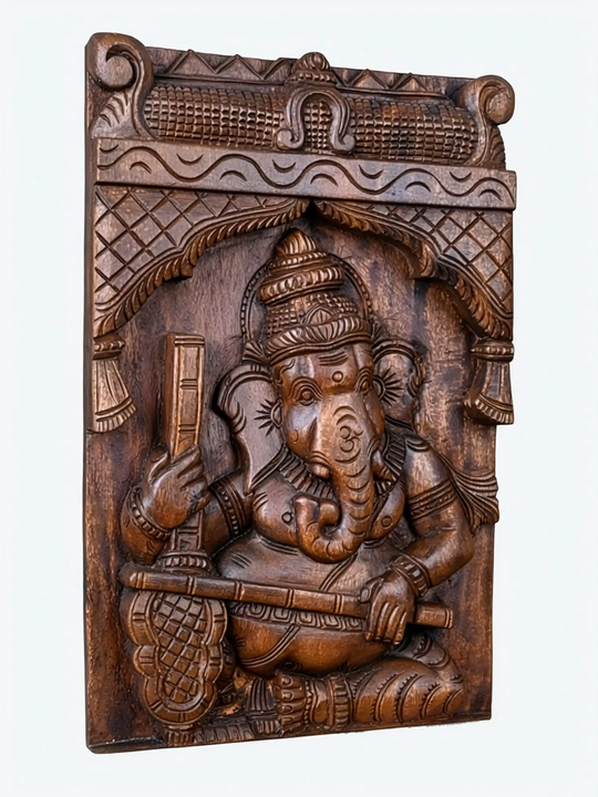 Wooden Ganesha Playing Veena Wall Panel for home décor