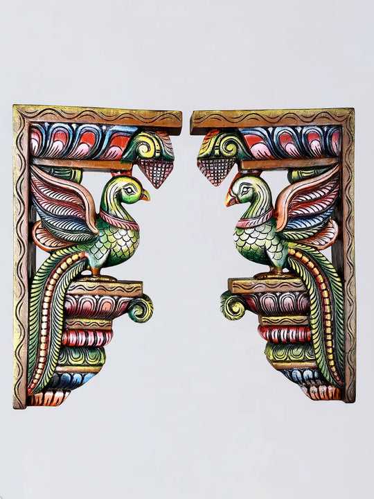 Traditional wooden parrot carving with vibrant colours