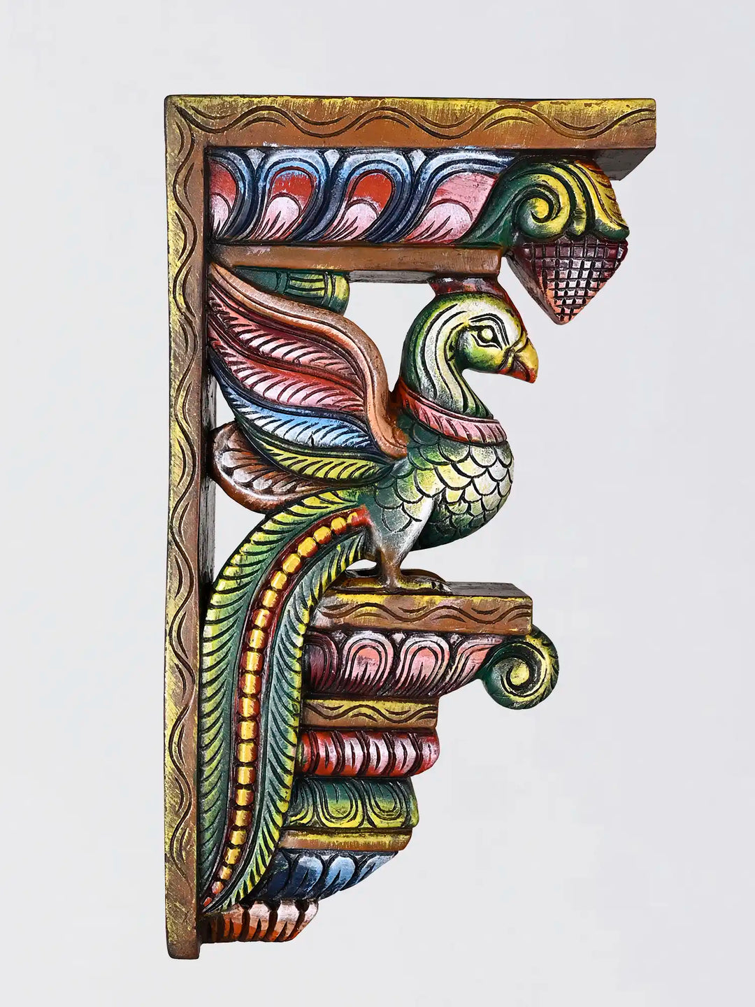 Hand carved colourful parrot wooden bracket