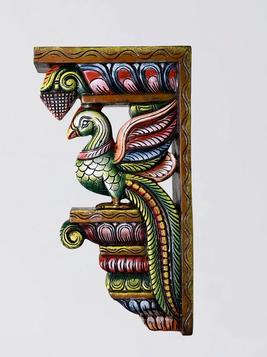 Handmade wooden corbel with colourful parrot carving