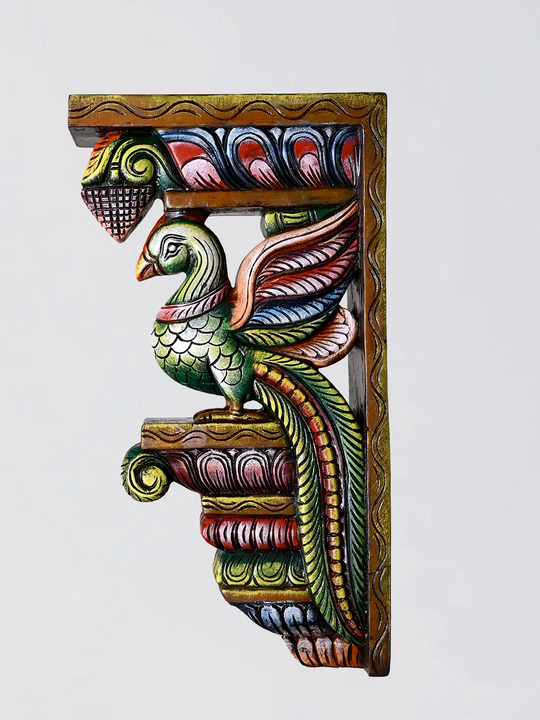 Handmade wooden corbel with colourful parrot carving
