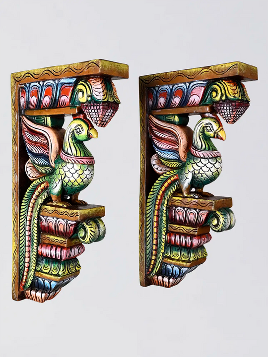 Decorative multicoloured wooden parrot sculpture bracket