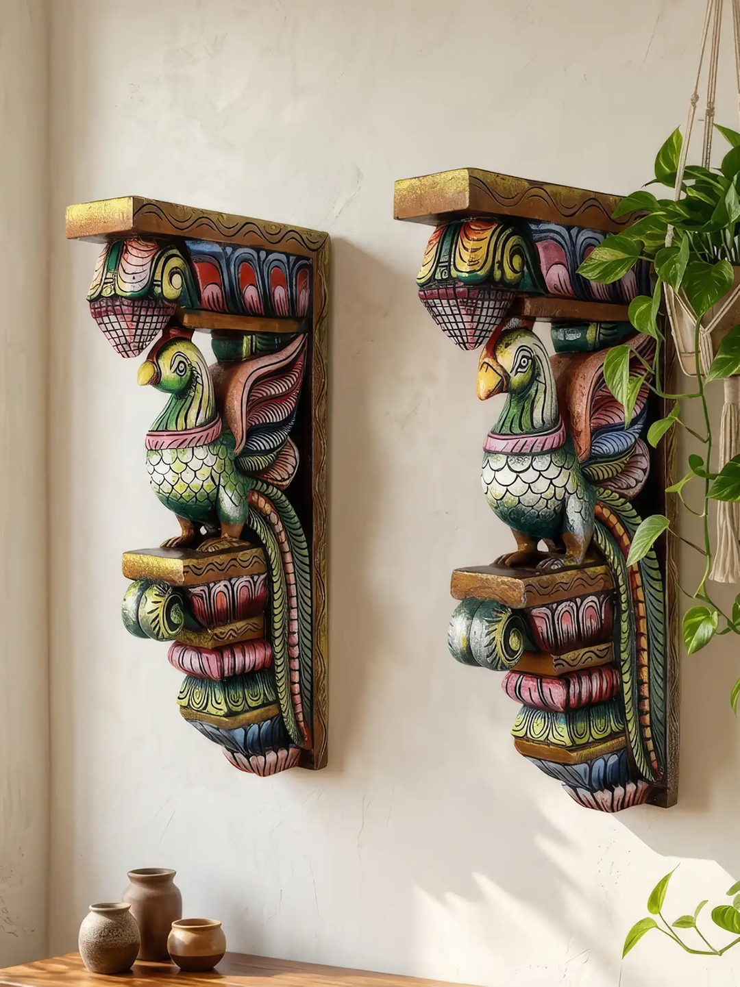Detailed multicoloured parrot wood carving