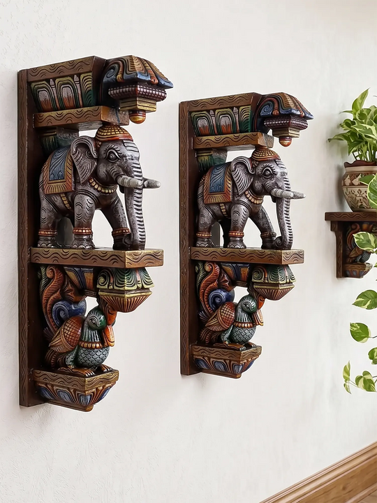 Colourful wooden elephant wall bracket for home decor