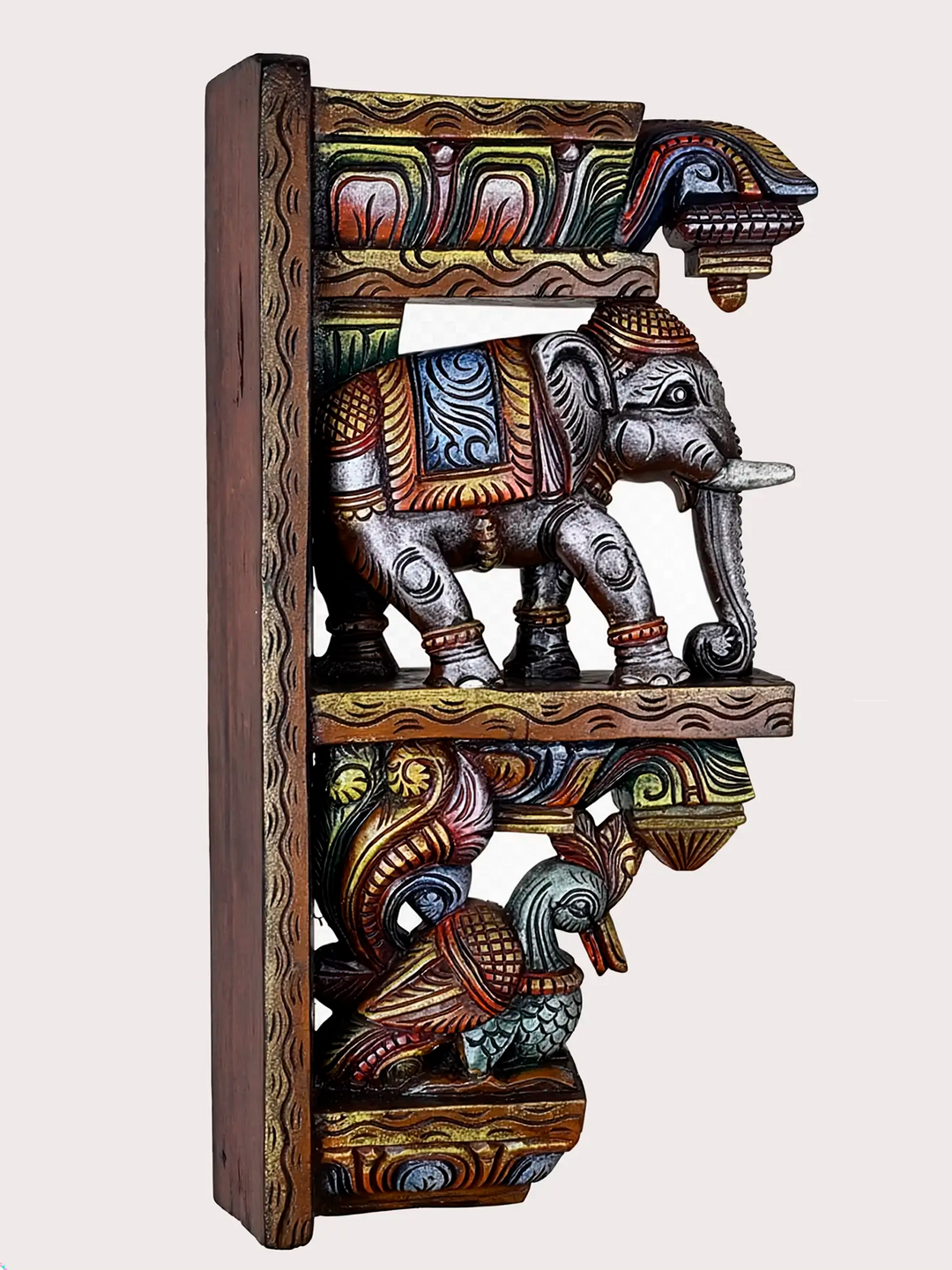 Colourful wooden elephant wall bracket for home decor
