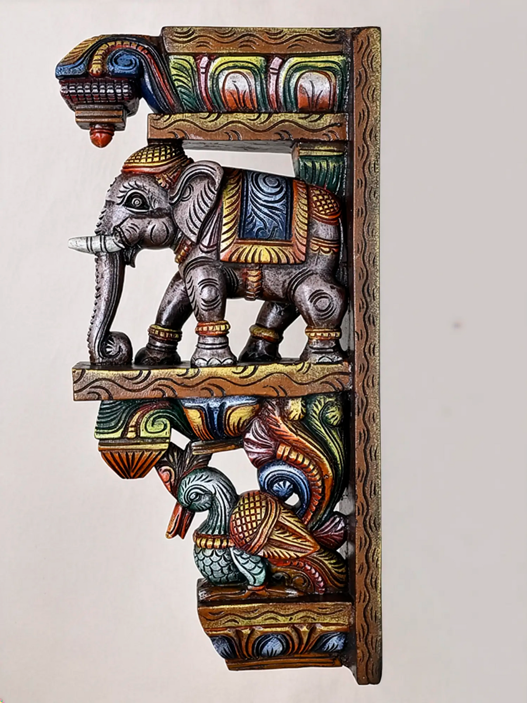Colourful wooden elephant wall bracket for home decor