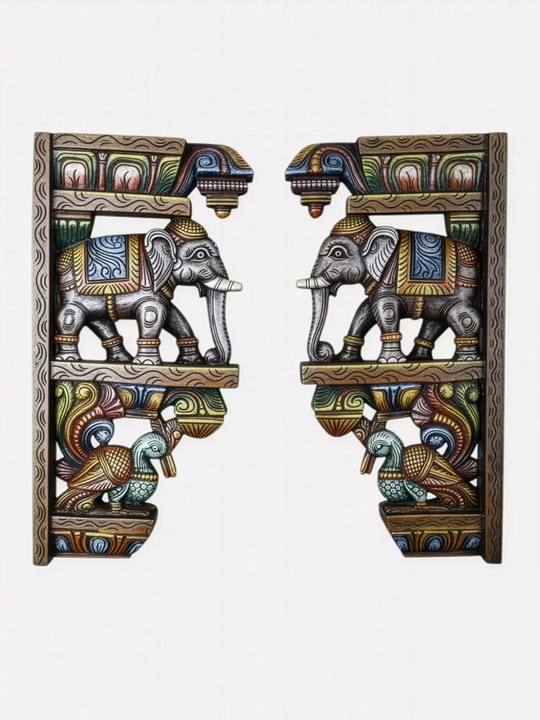 Multicolour wooden elephant and hamsa wall brackets