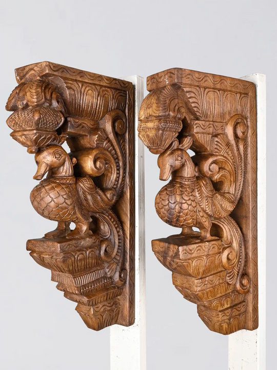 Hamsa Wooden Corbels – Traditional Indian Swan Architectural Brackets 18"