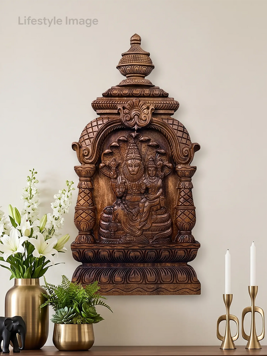 Lakshmi Narasimha wooden carving wall panel