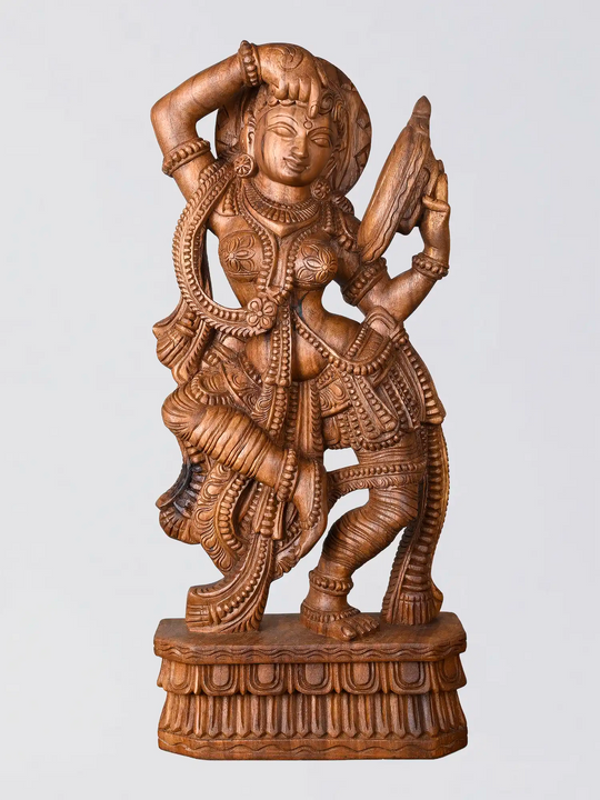 Wooden Apsara lady sculpture with intricate jewellery