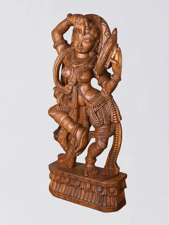 Wooden Apsara Lady Looking into Mirror – Hand Carved Indian Sculpture 29"