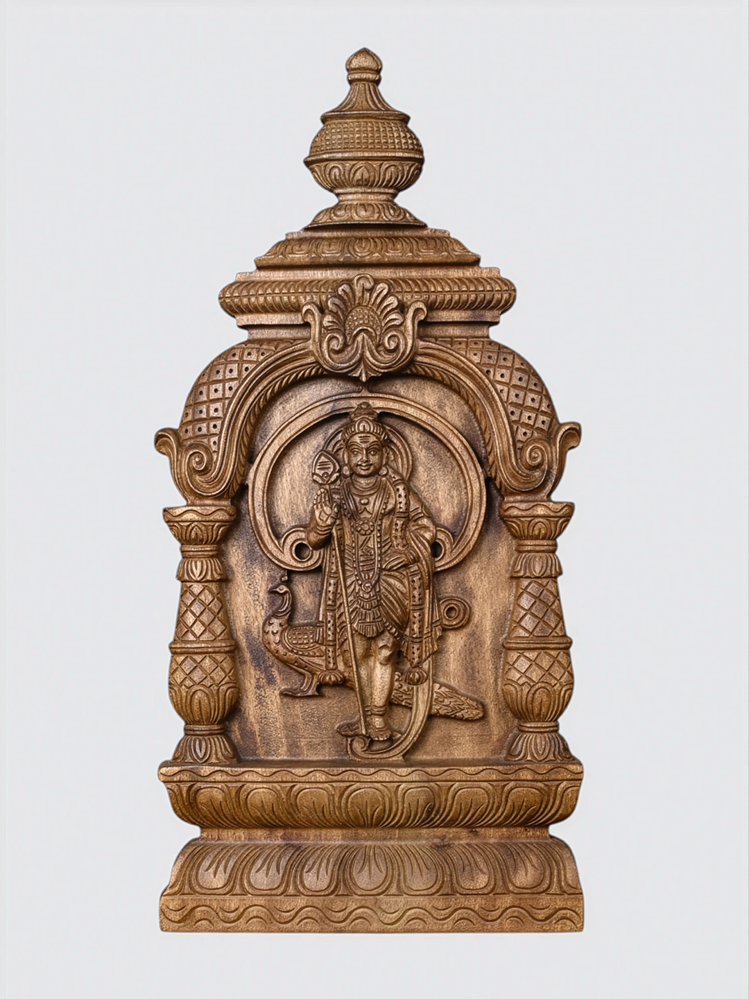 Wooden Lord Murugan with Peacock Vahana wall panel