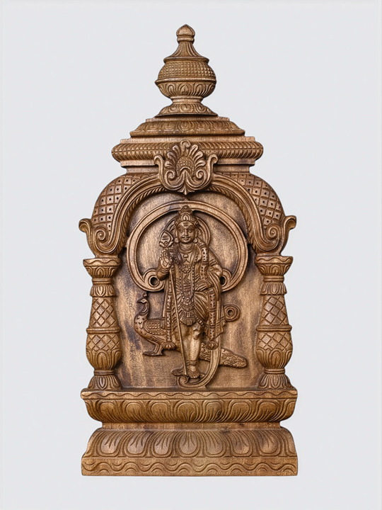 Wooden Lord Murugan with Peacock Vahana wall panel