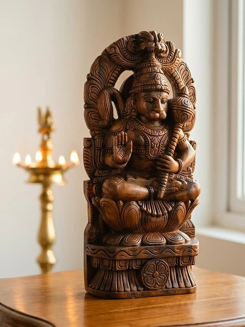 Traditional Hindu deity wooden Hanuman sculpture