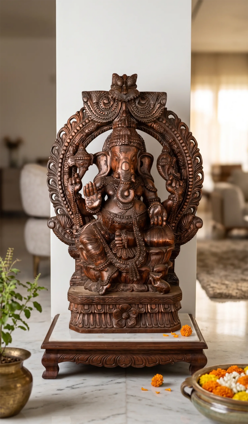Handcrafted wooden Ganesh statue in dark brown
