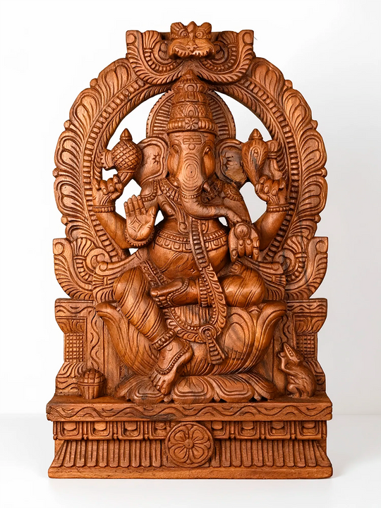 Wooden Prabhavali Ganesha Sculpture | Traditional Handcrafted Ganesh Idol 2ft