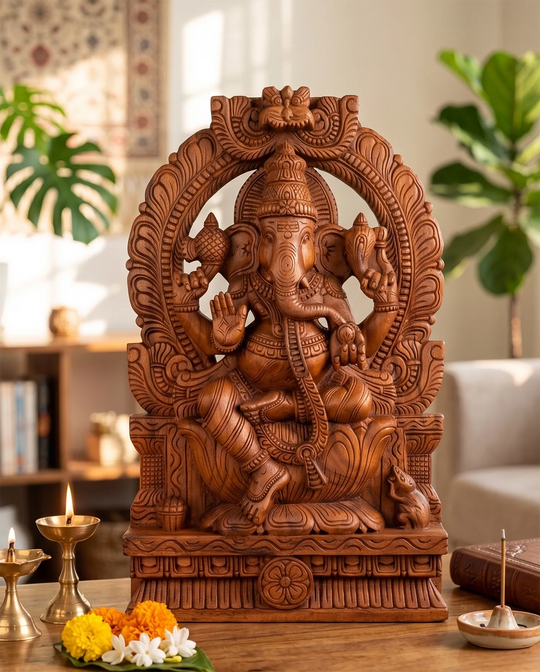 Wooden Prabhavali Ganesha Sculpture | Traditional Handcrafted Ganesh Idol 2ft