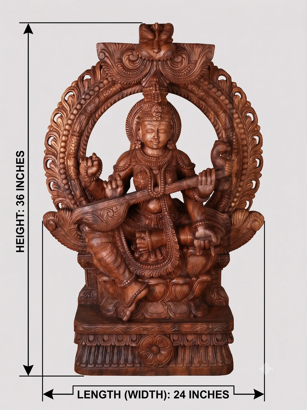 Prabhavali Saraswathi Deity Playing Veena Wooden Sculpture 36"