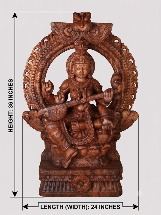 Prabhavali Saraswathi Deity Playing Veena Wooden Sculpture 36"