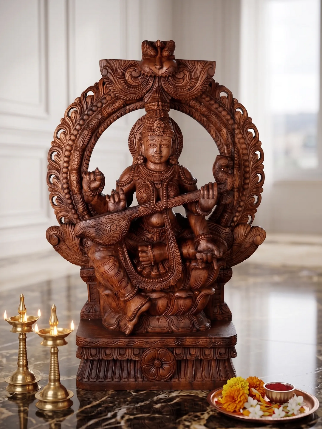 Prabhavali Saraswathi Deity Playing Veena Wooden Sculpture 36"
