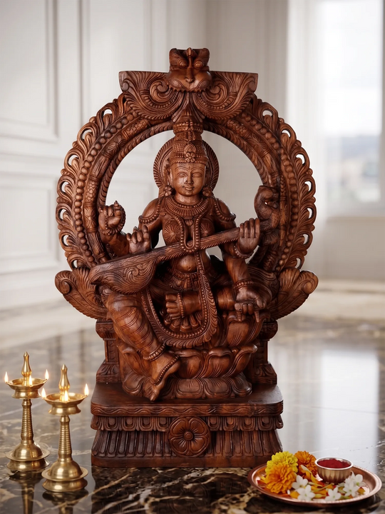 Prabhavali Saraswathi Deity Playing Veena Wooden Sculpture 36"