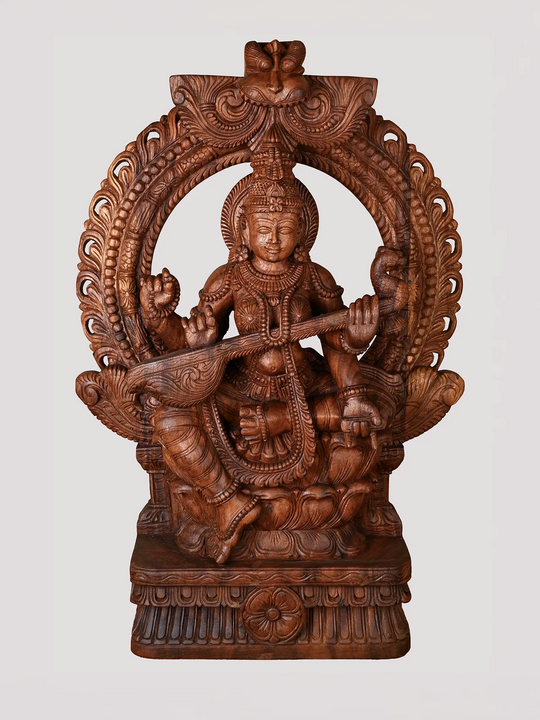 Prabhavali Saraswathi Deity Playing Veena Wooden Sculpture 36"