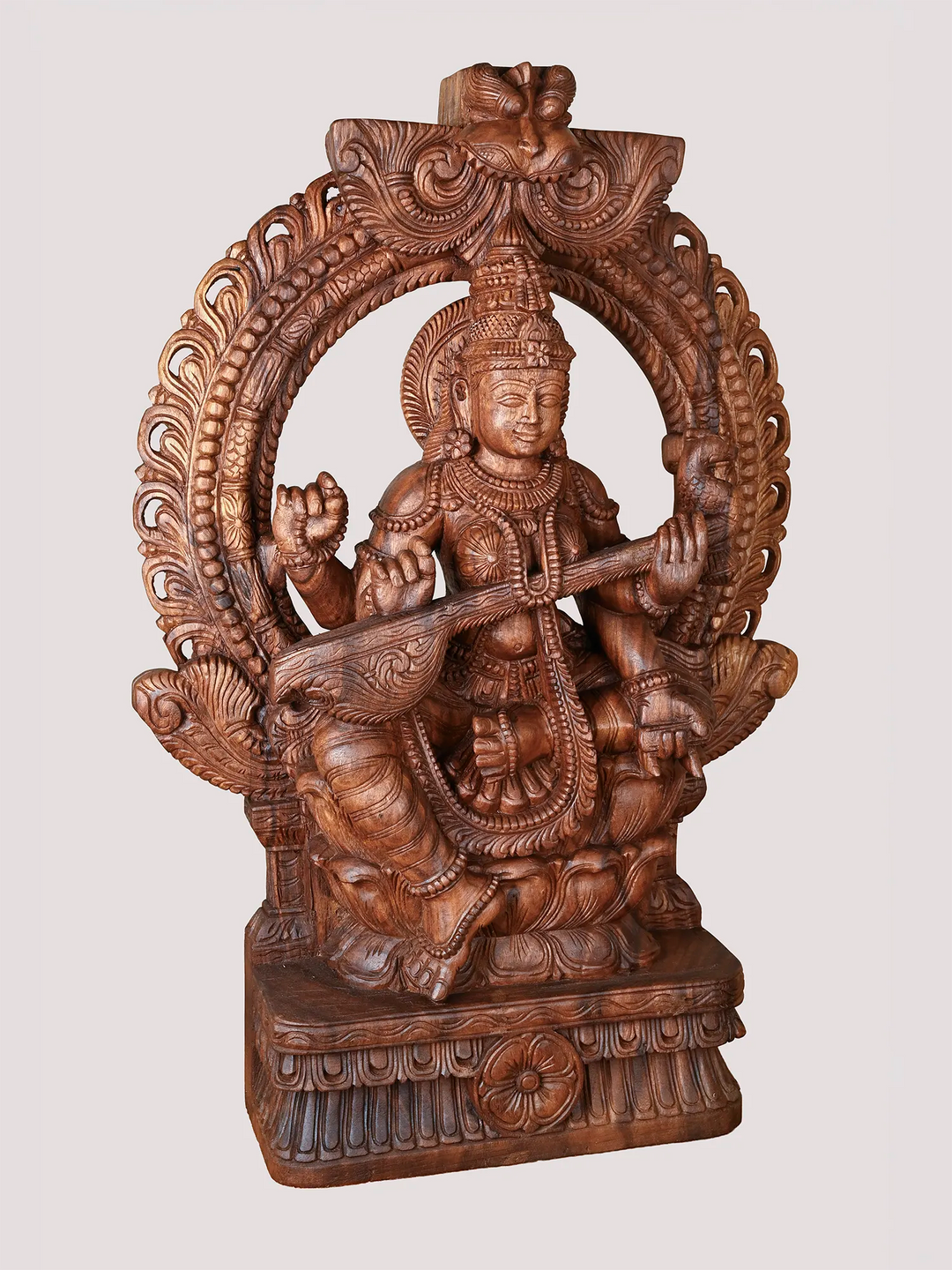 Prabhavali Saraswathi Deity Playing Veena Wooden Sculpture 36"