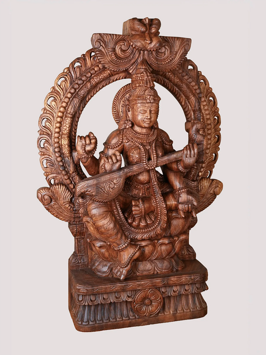 Prabhavali Saraswathi Deity Playing Veena Wooden Sculpture 36"
