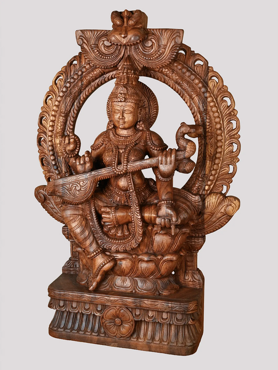 Prabhavali Saraswathi Deity Playing Veena Wooden Sculpture 36"