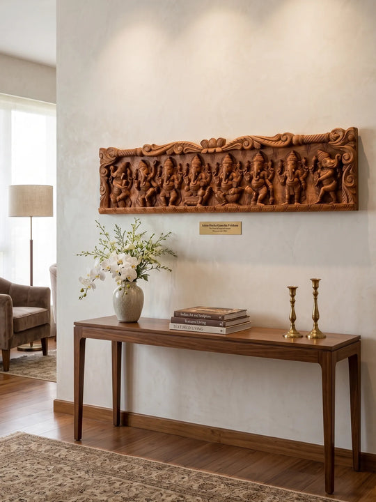 Wooden Dancing Asta Ganesha Horizontal Panel | Wall Decor 46"