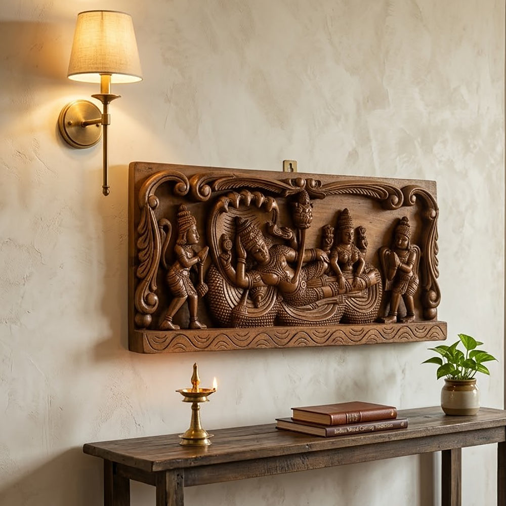 Traditional Indian wooden temple wall décor