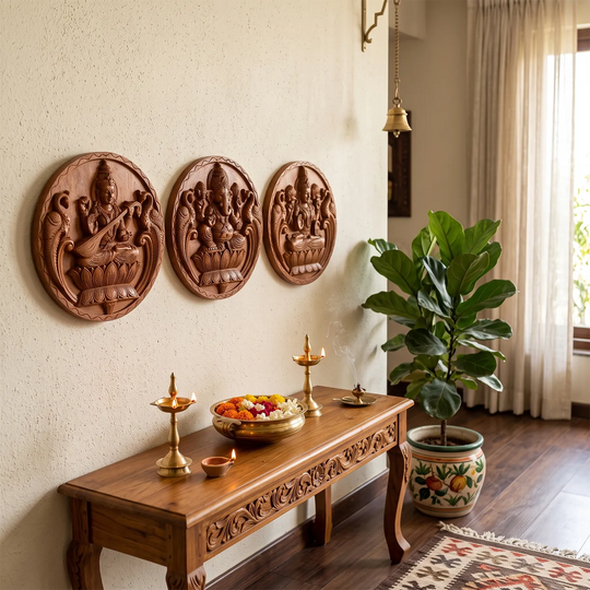 Wooden Ganesh Lakshmi Saraswati panel for pooja room