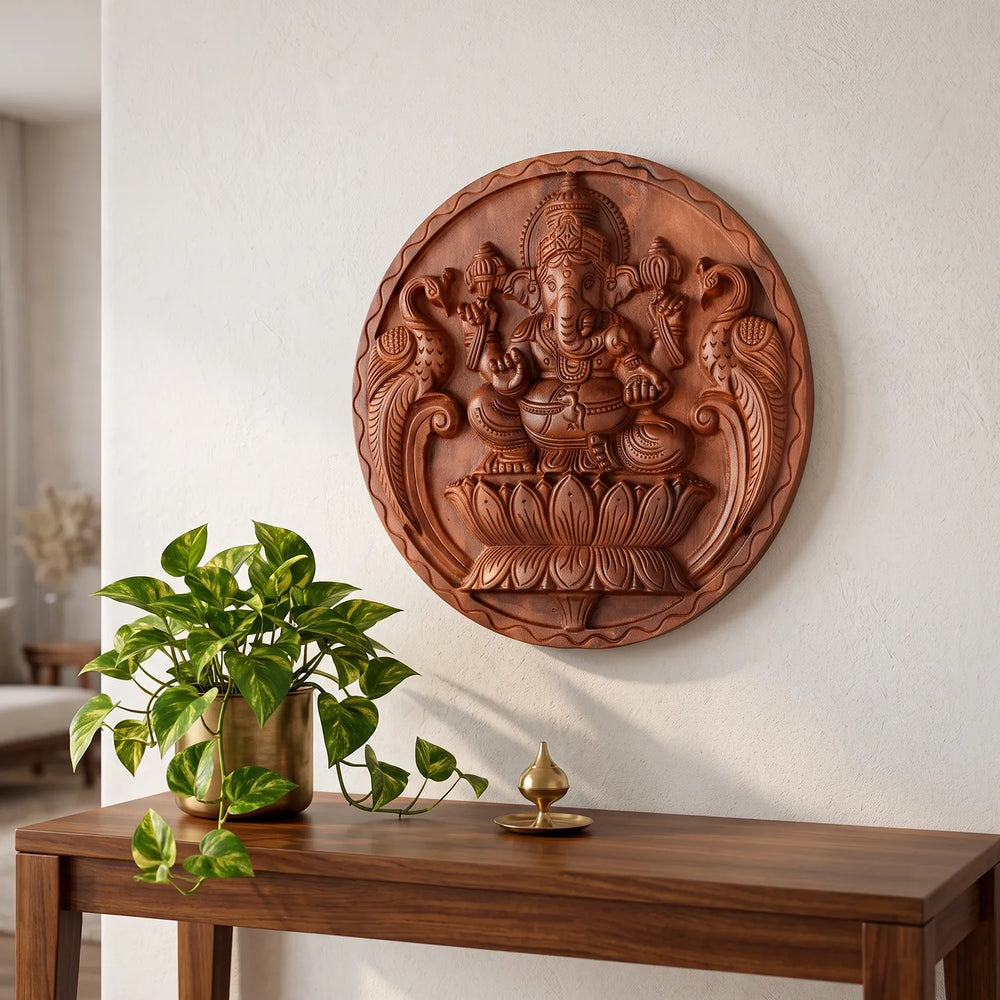 Hand - Crafted Wooden Ganesh Round Panel 12"