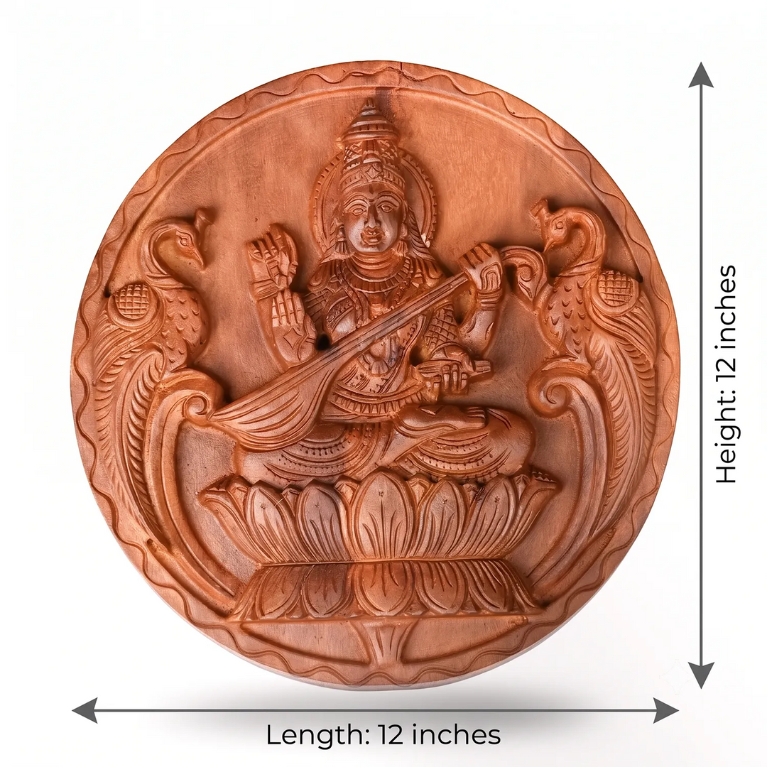 Round wooden Goddess Saraswati wall decor