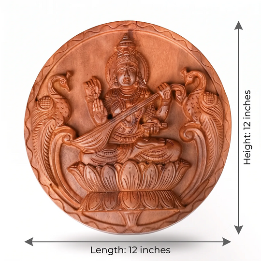 Round wooden Goddess Saraswati wall decor