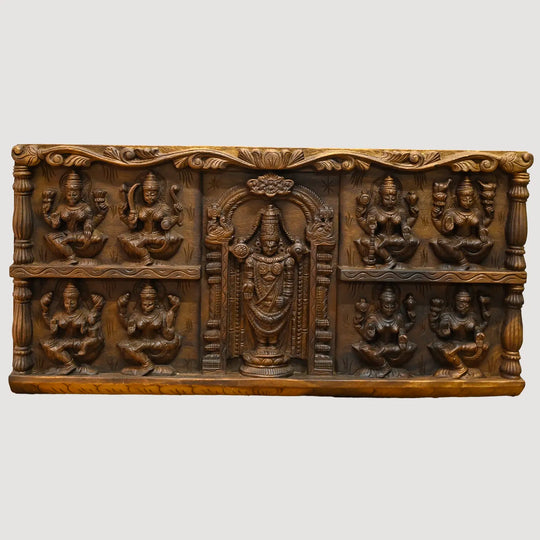 Wooden Balaji with Ashtalakshmi hand carved wall panel