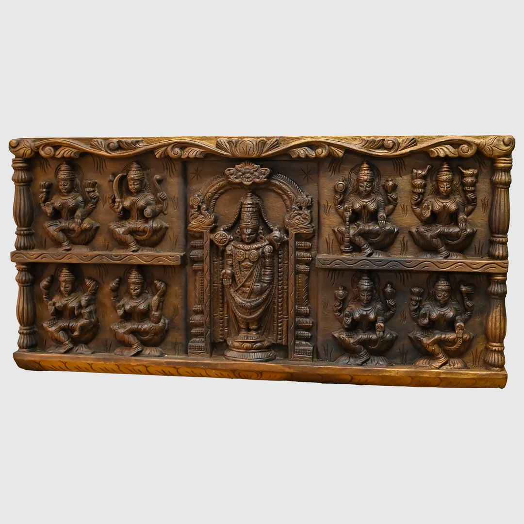 Wooden Balaji with Ashtalakshmi Hand Carved Hindu God Wall Panel 34"